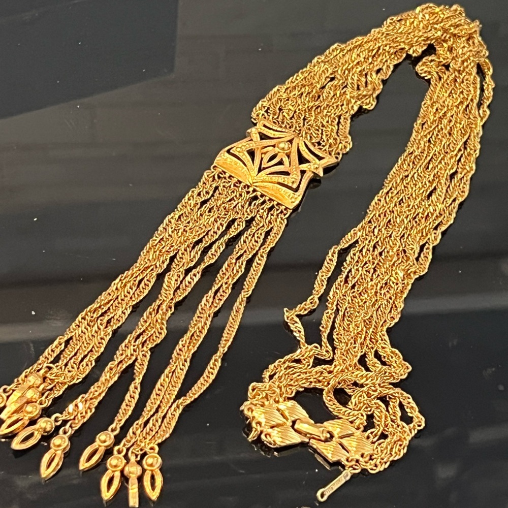 Vtg 1970s D'ORLAN BOUCHER Etruscan revival fringe tassel gold tone necklace